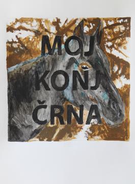 Sašo Vrabič, Moj konj črna, 2021, akril, svinčnik na papir